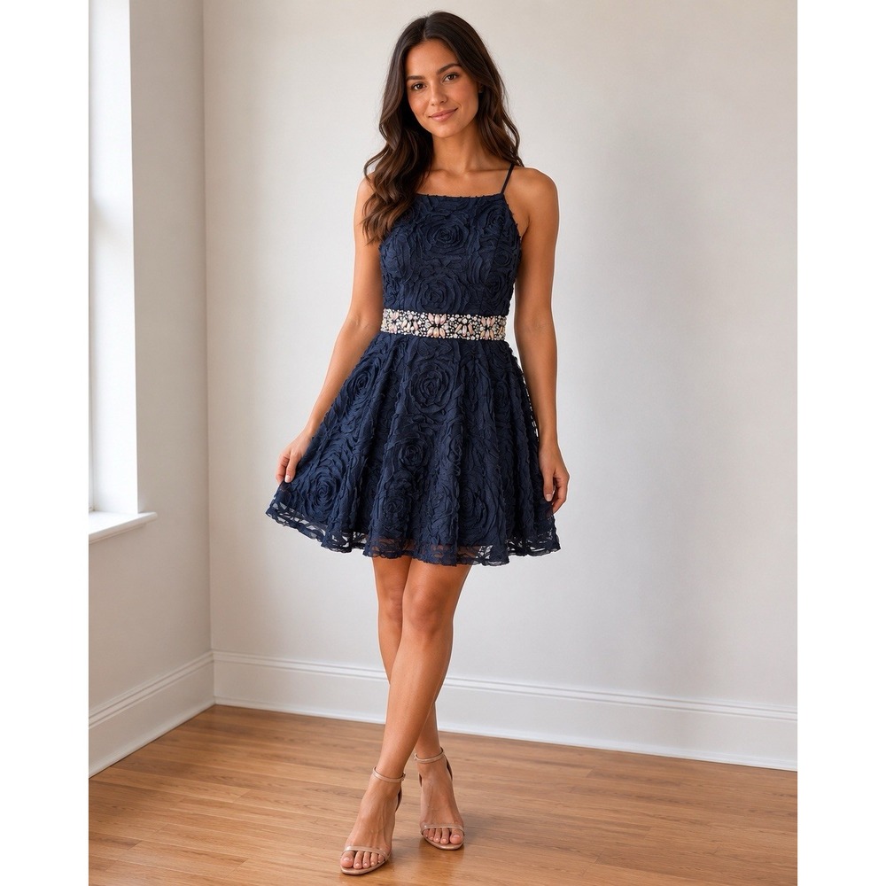 Navy Blue Lace Sleeveless Homecoming Formal Prom Party Dress Short A-Line Size 3
